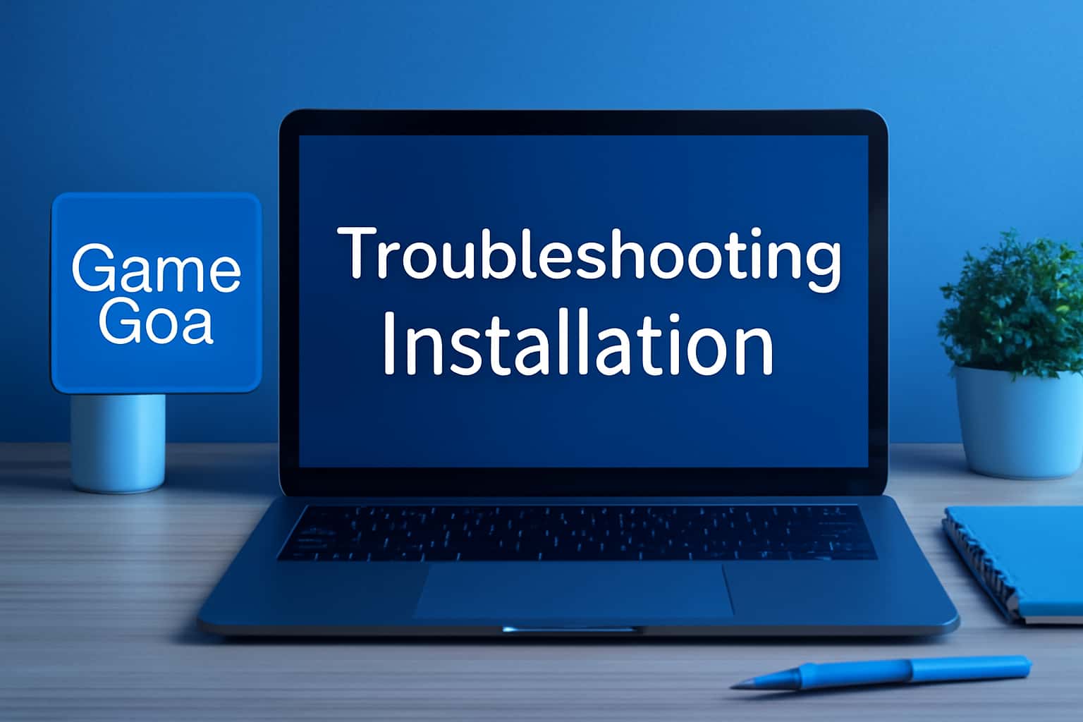An informative scene depicting troubleshooting steps for Game Goa installation.